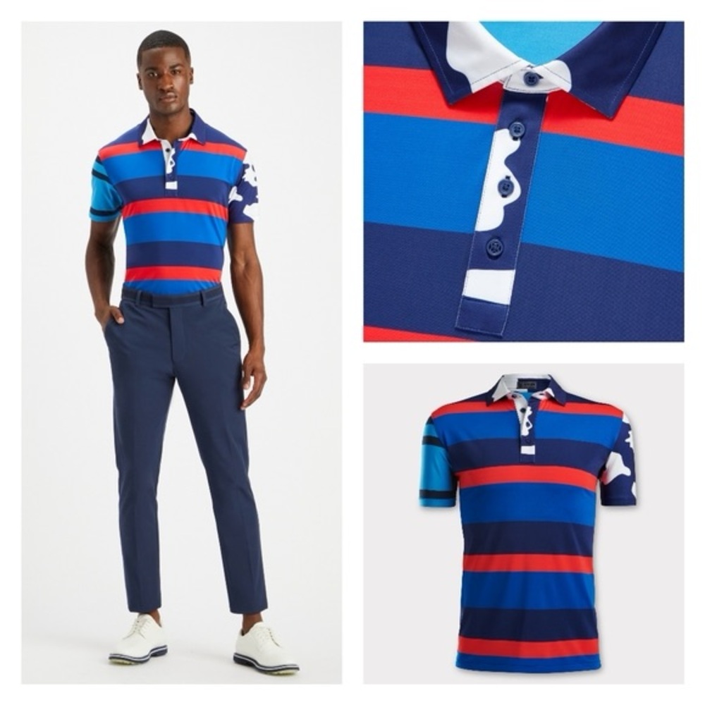 NWT G/FORE Blue, White, and Red Golf Polo Shirt - Striped/Camo Design